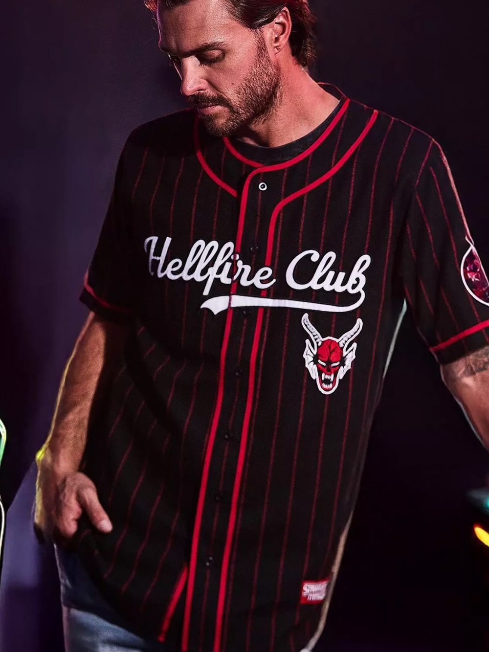 Hellfire Club Men's Black & Red Pinstripe Baseball Jersey